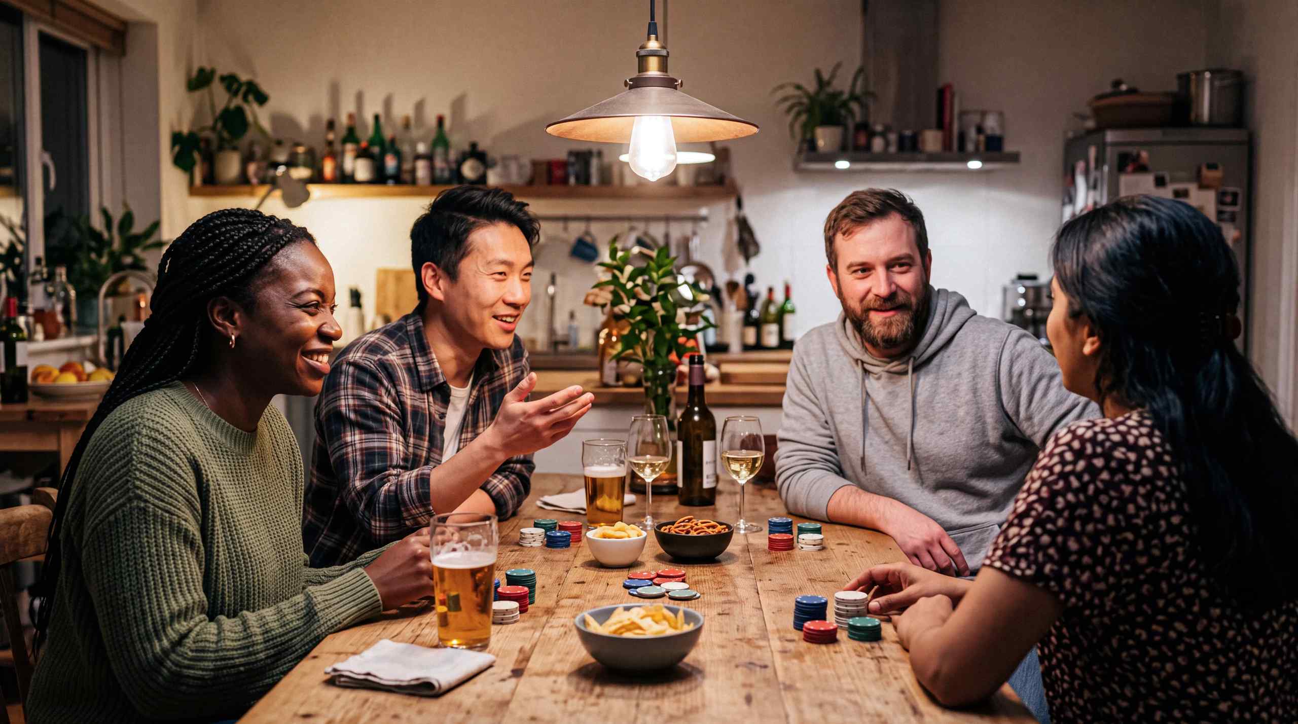 Friends playing poker on a table at home.